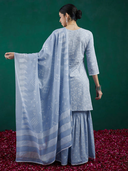 Indo Era Blue Printed Straight Kurta Sharara With Dupatta set