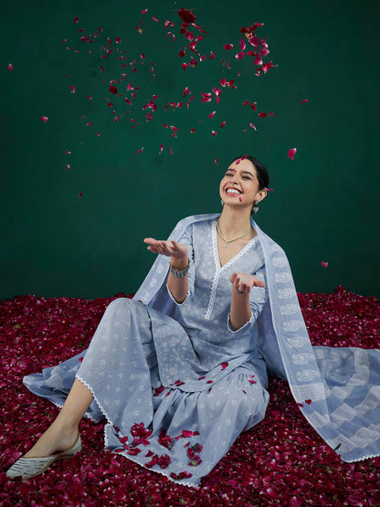 Indo Era Blue Printed Straight Kurta Sharara With Dupatta set