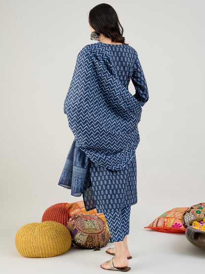 Indo Era Blue Printed Straight Kurta Trousers With Dupatta set