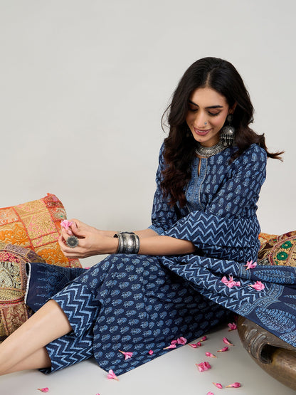 Indo Era Blue Printed Straight Kurta Trousers With Dupatta set