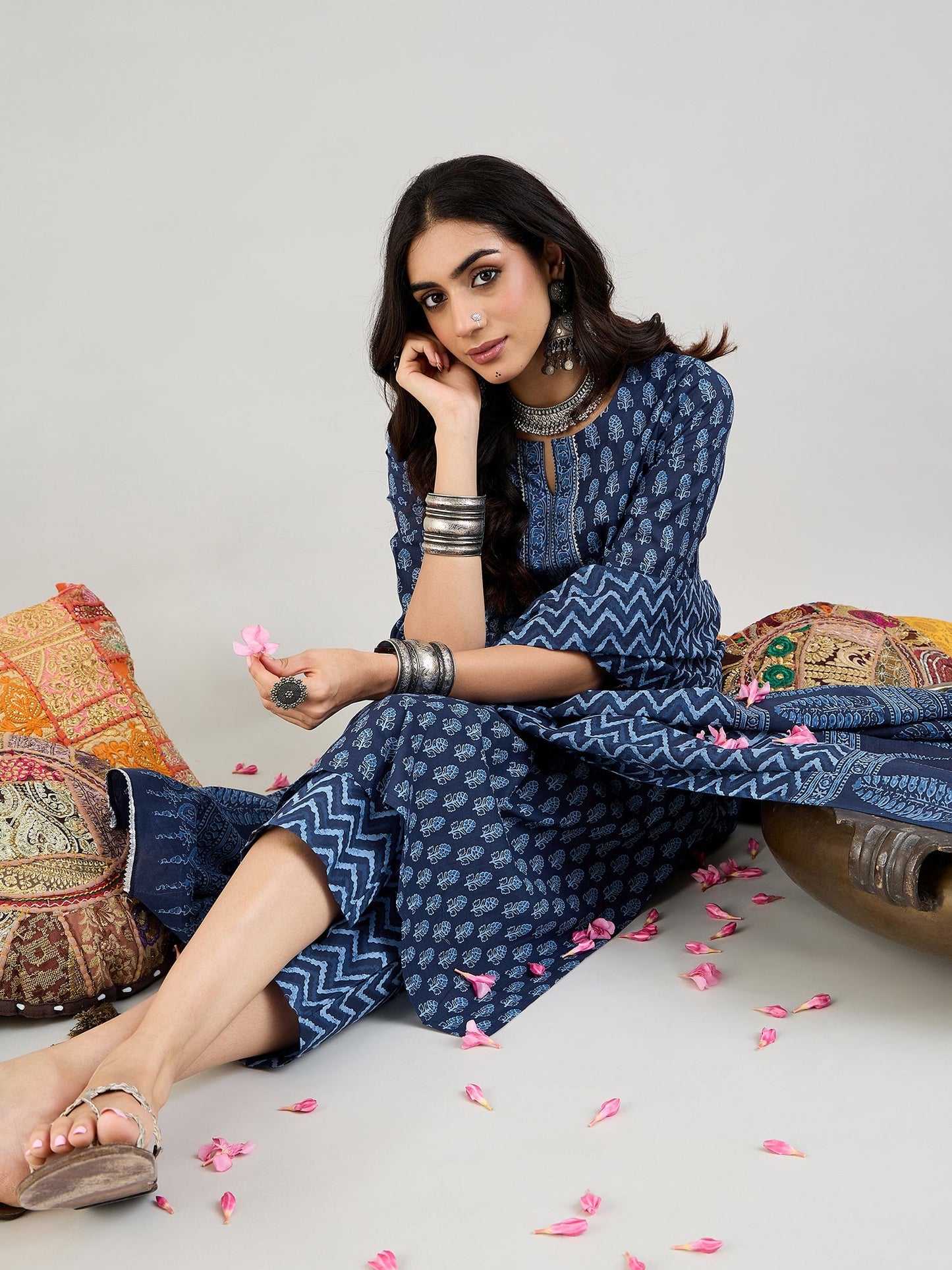 Indo Era Blue Printed Straight Kurta Trousers With Dupatta set