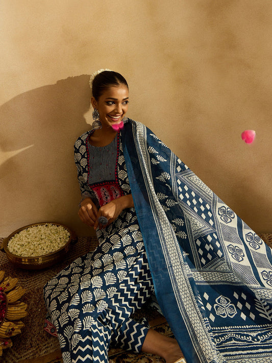 Indo Era Blue Printed Straight Kurta Trousers With Dupatta set
