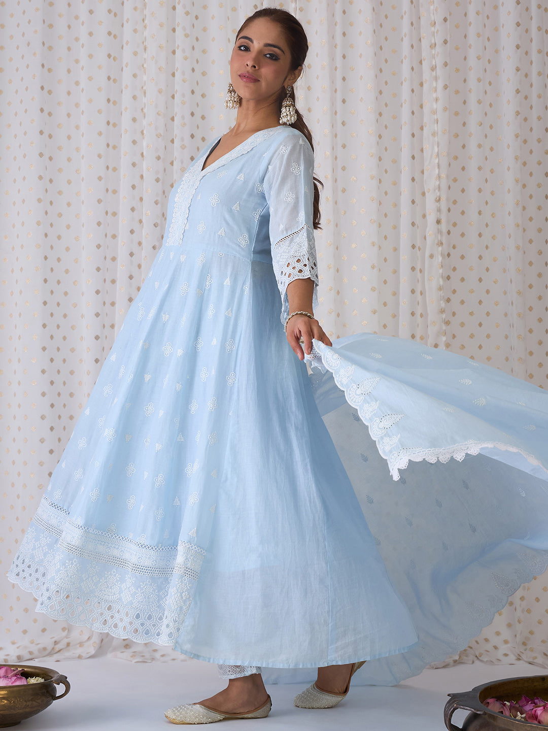 Blue Embroidered Anarkali Kurta Trousers With Dupatta set