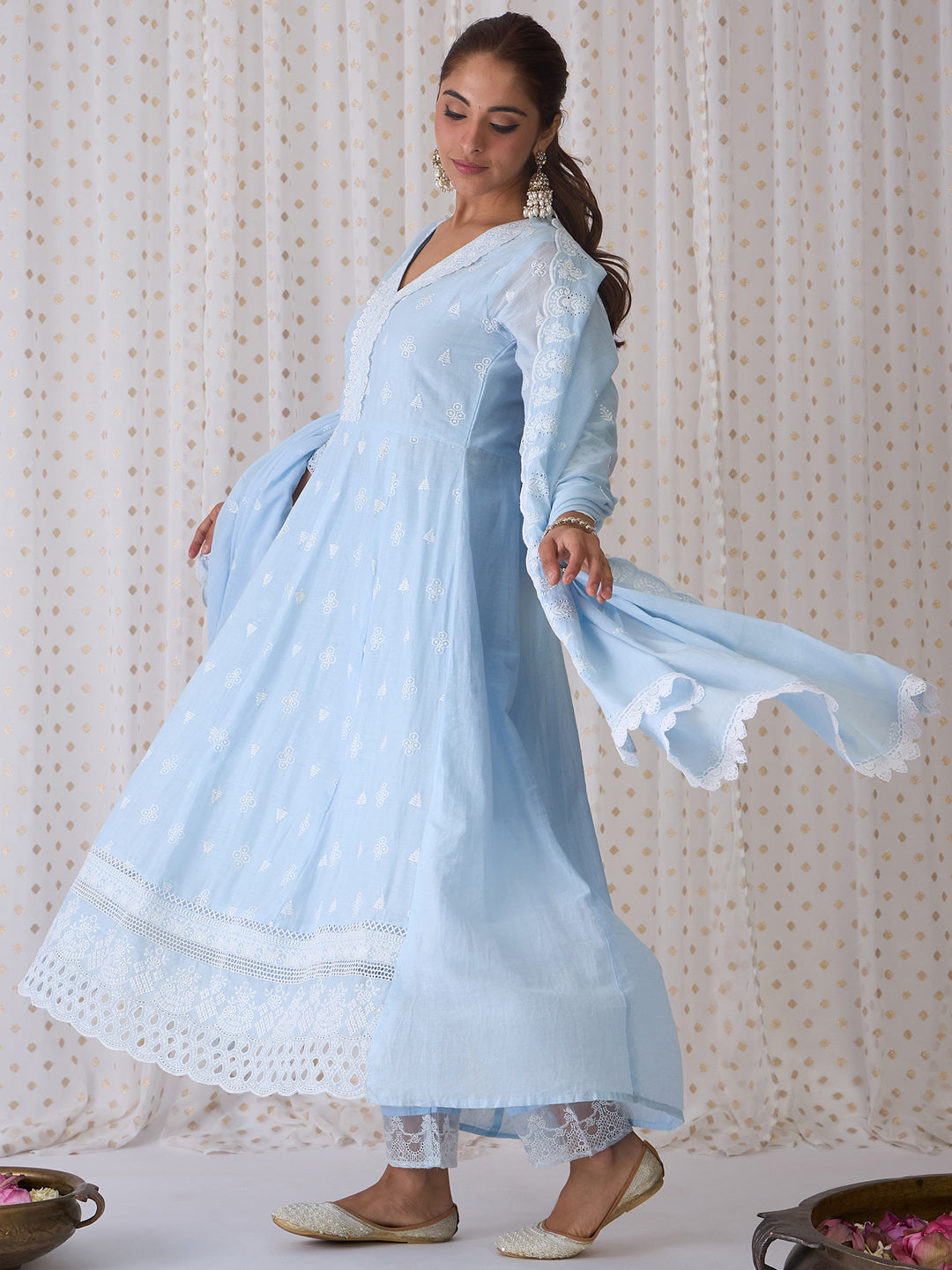 Blue Embroidered Anarkali Kurta Trousers With Dupatta set