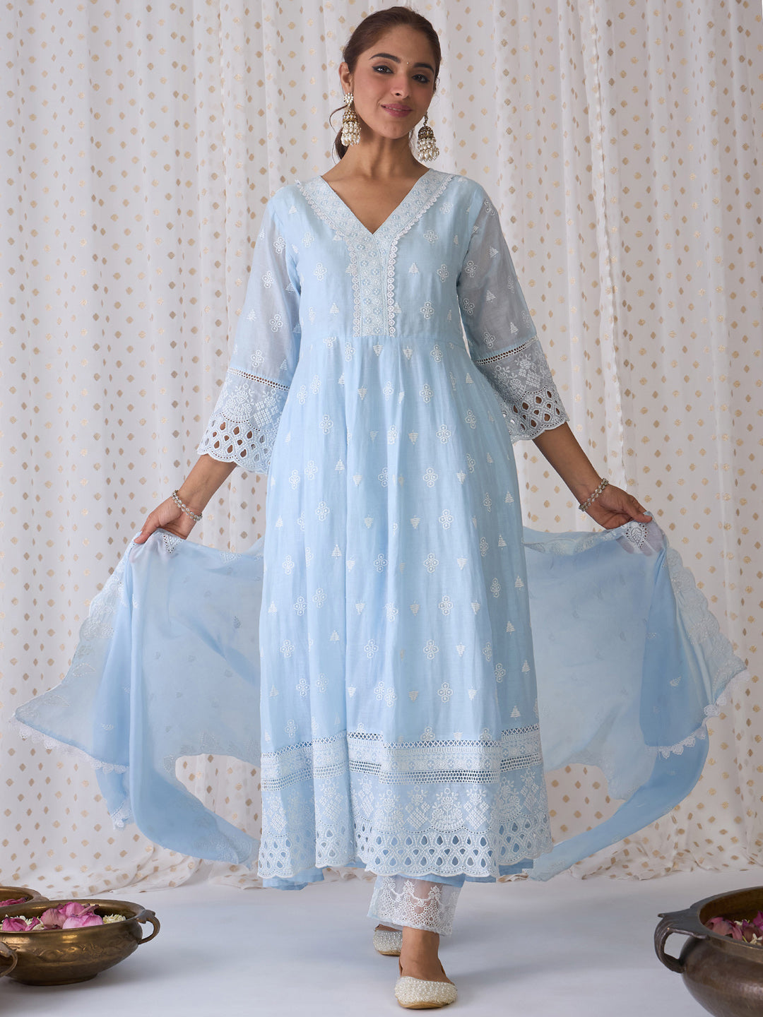 Blue Embroidered Anarkali Kurta Trousers With Dupatta set