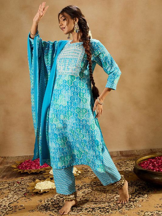 Indo Era Blue Printed Straight Kurta Trousers With Dupatta set