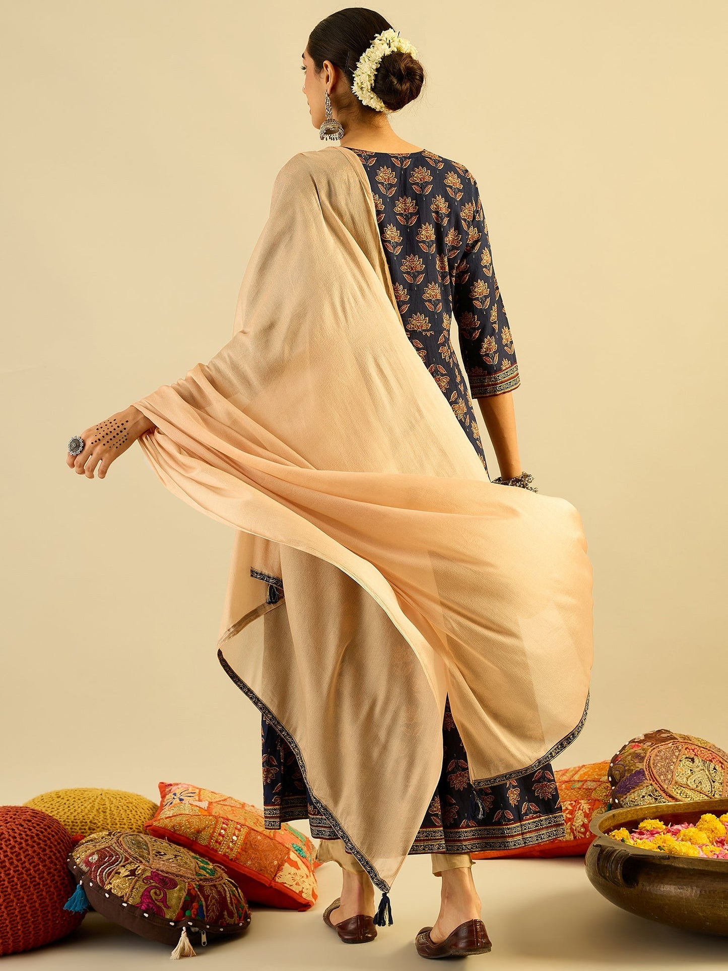 Blue Printed A-Line Kurta Trousers With Dupatta set