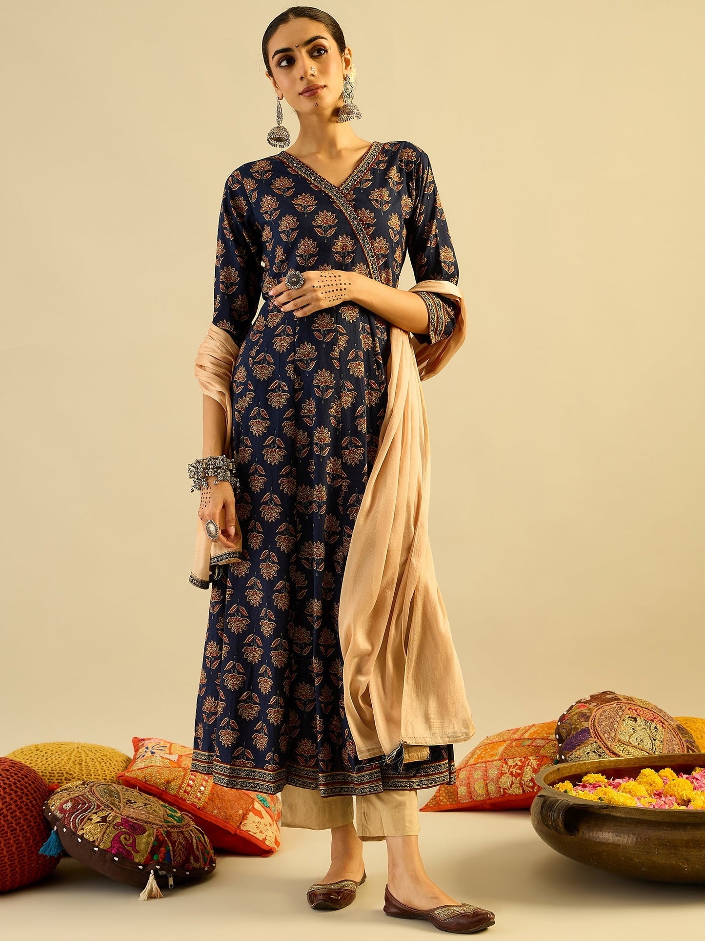 Blue Printed A-Line Kurta Trousers With Dupatta set