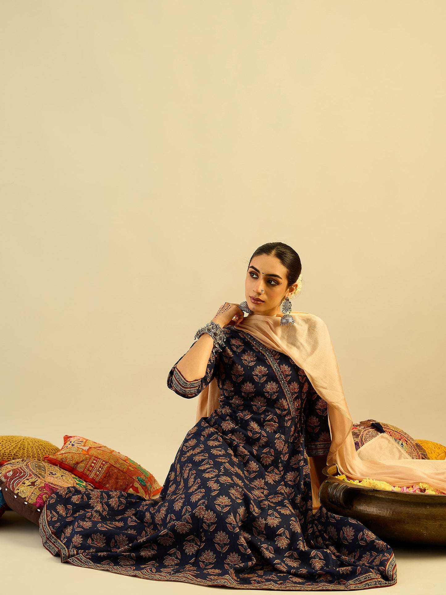 Blue Printed A-Line Kurta Trousers With Dupatta set