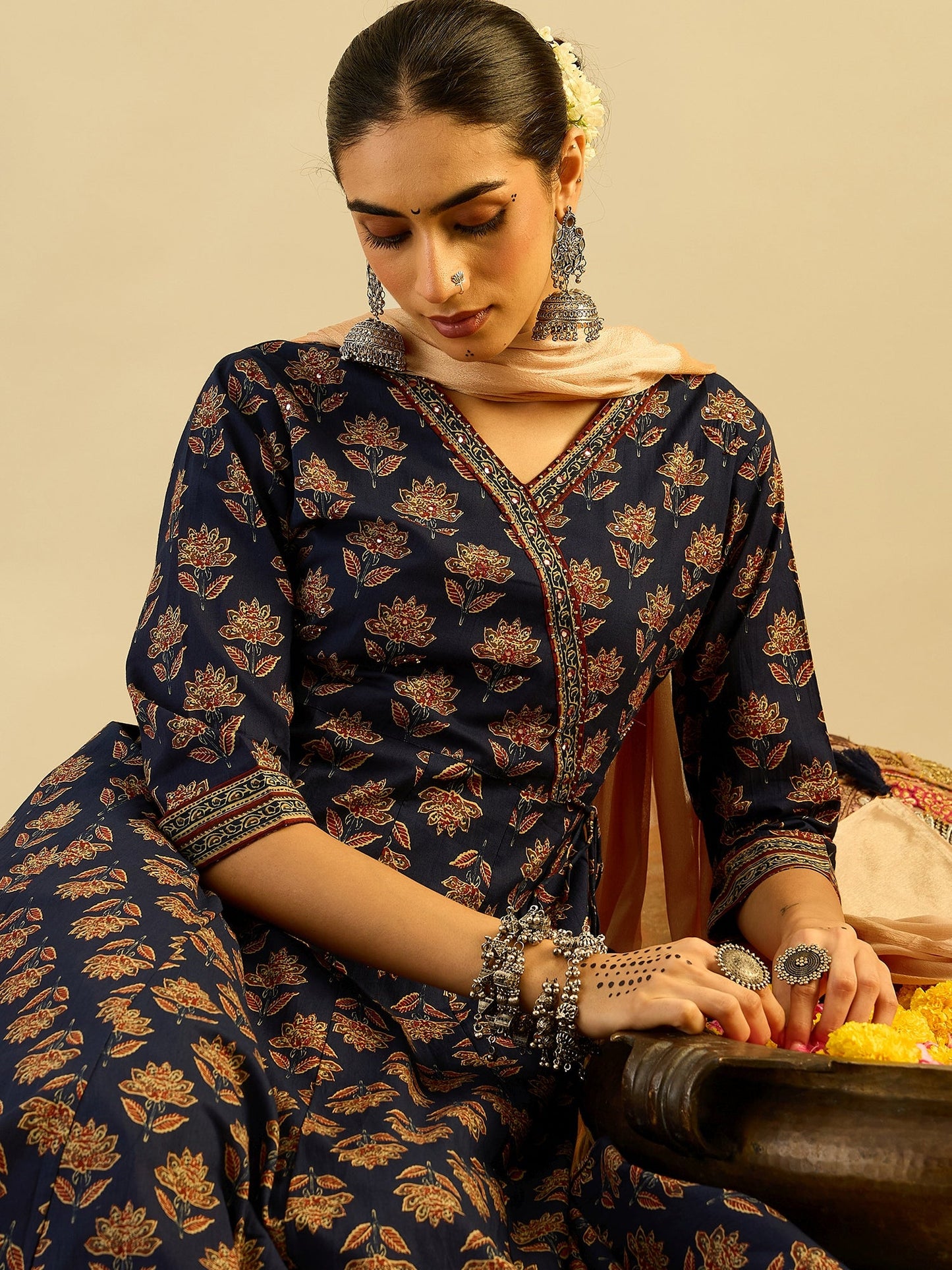 Blue Printed A-Line Kurta Trousers With Dupatta set