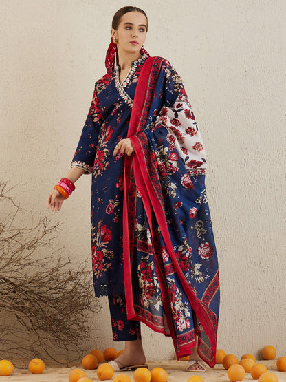 Indo Era Blue Printed Straight Kurta Trousers With Dupatta set
