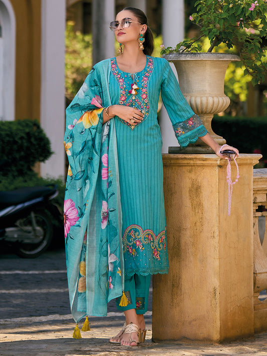Indo Era Blue Embroidered Straight Kurta Trousers With Dupatta set