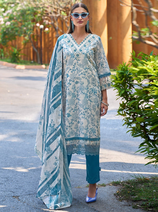 Indo Era Blue Printed Straight Kurta Trousers With Dupatta set