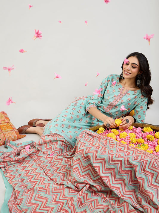 Indo Era Blue Printed Straight Kurta Trousers With Dupatta set