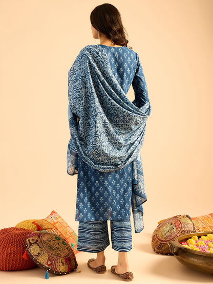 Indo Era Blue Printed Straight Kurta Palazzos With Dupatta set
