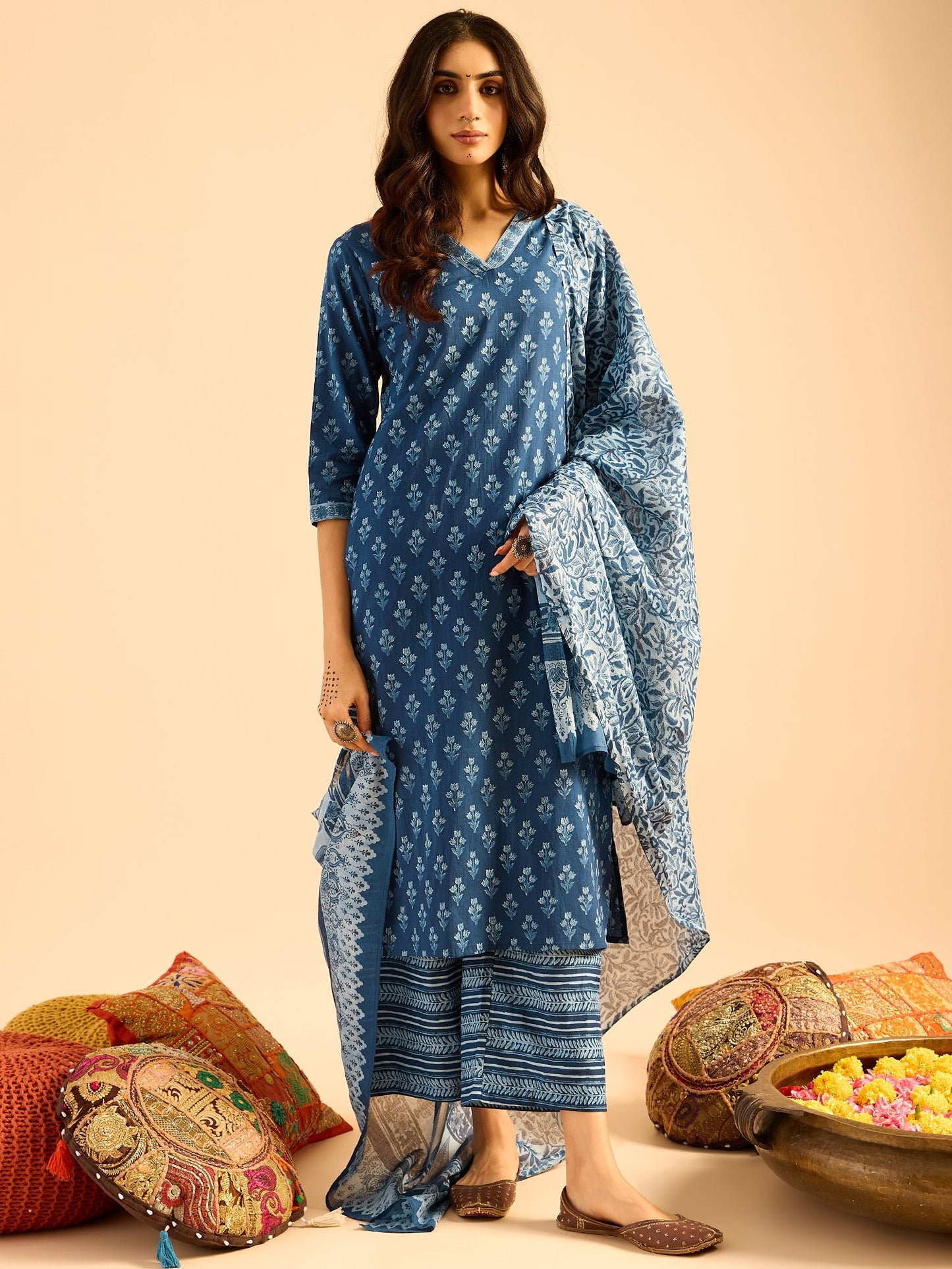 Indo Era Blue Printed Straight Kurta Palazzos With Dupatta set