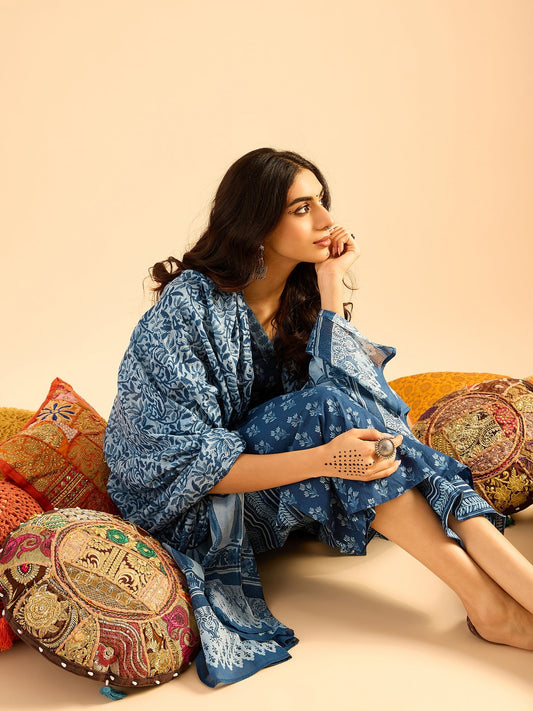 Indo Era Blue Printed Straight Kurta Palazzos With Dupatta set