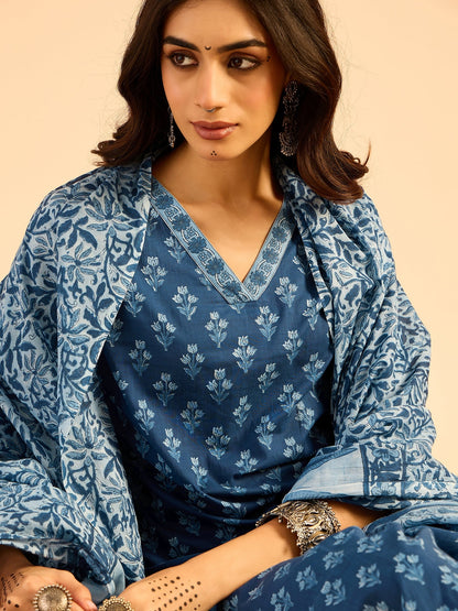 Indo Era Blue Printed Straight Kurta Palazzos With Dupatta set