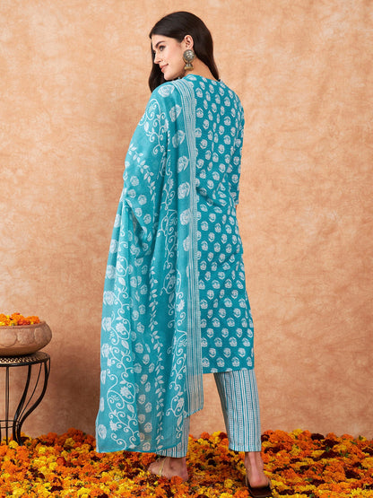 Indo Era Blue Printed Straight Kurta Trousers With Dupatta Set