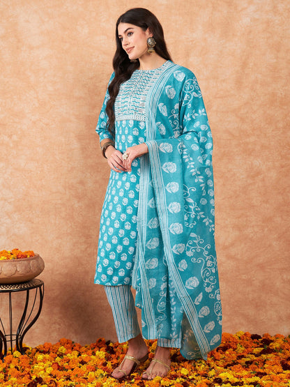 Indo Era Blue Printed Straight Kurta Trousers With Dupatta Set