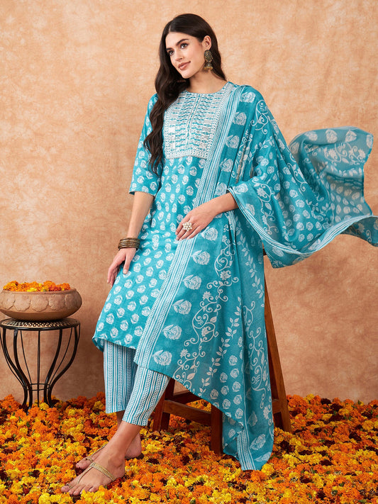 Indo Era Blue Printed Straight Kurta Trousers With Dupatta Set
