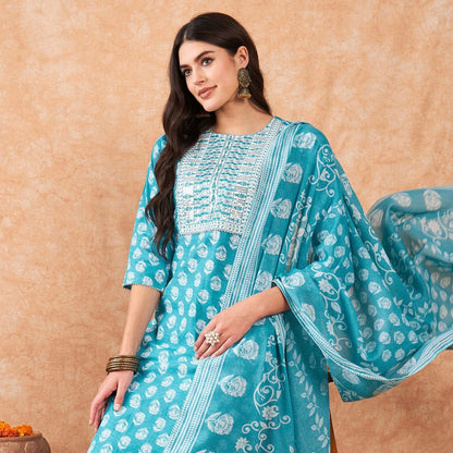 Indo Era Blue Printed Straight Kurta Trousers With Dupatta Set