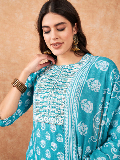 Indo Era Blue Printed Straight Kurta Trousers With Dupatta Set
