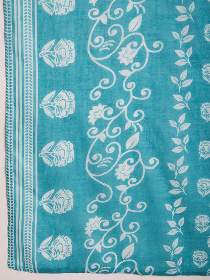 Indo Era Blue Printed Straight Kurta Trousers With Dupatta Set