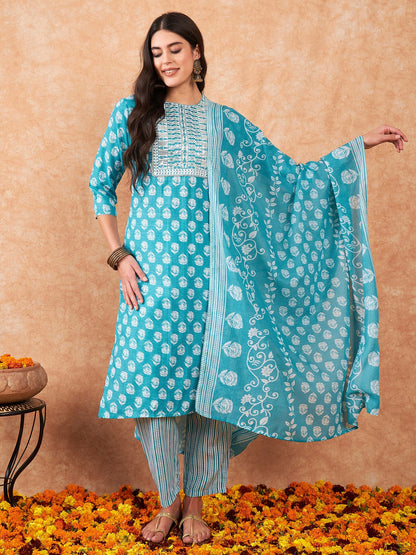 Indo Era Blue Printed Straight Kurta Trousers With Dupatta Set