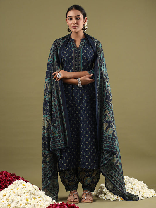 Indo Era Blue Printed Straight Kurta Salwar With Dupatta set