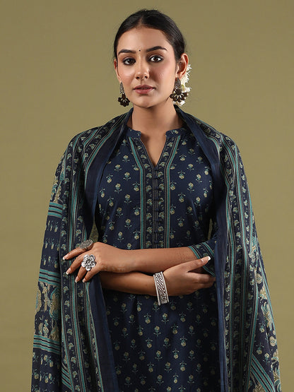 Indo Era Blue Printed Straight Kurta Salwar With Dupatta set