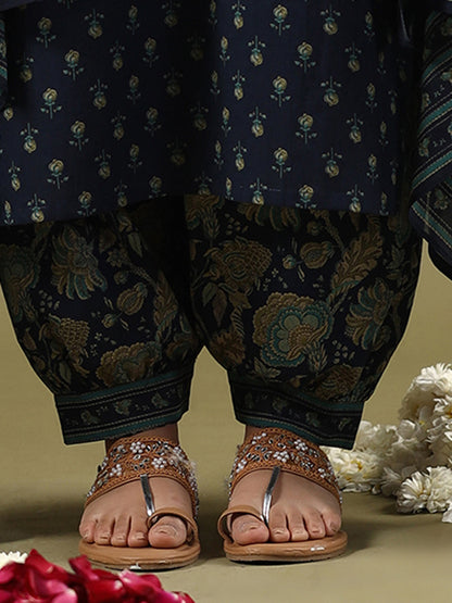 Indo Era Blue Printed Straight Kurta Salwar With Dupatta set