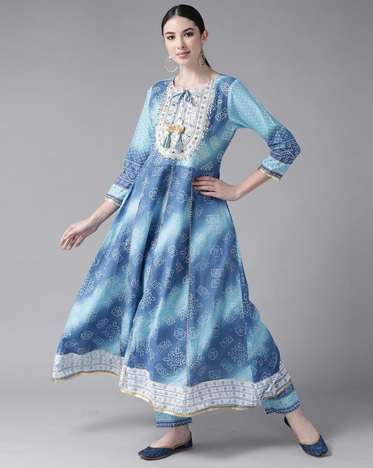 Indo Era Blue Embroidered A-line Kurta with Trouser