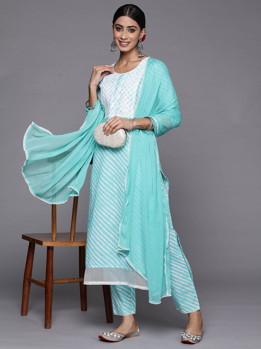 Indo Era Blue Embroidered Straight Kurta Trousers With Dupatta Set