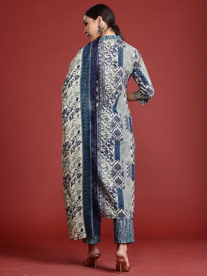 Indo Era Blue Printed Straight Kurta Trousers With Dupatta Set