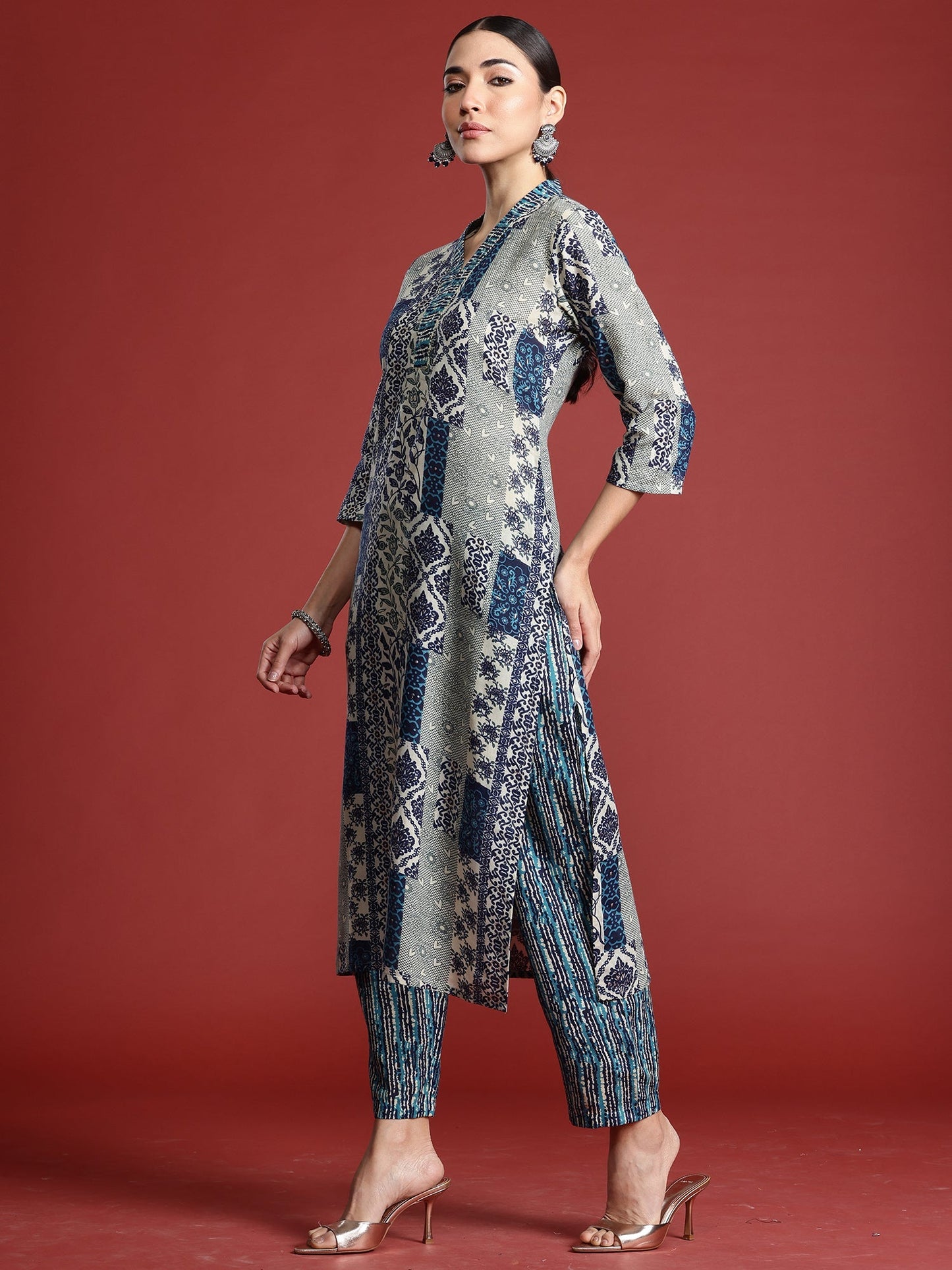 Indo Era Blue Printed Straight Kurta Trousers With Dupatta Set
