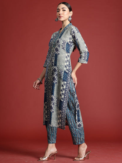 Indo Era Blue Printed Straight Kurta Trousers With Dupatta Set