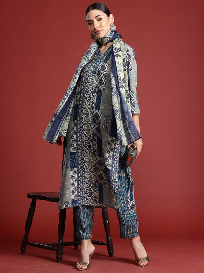 Indo Era Blue Printed Straight Kurta Trousers With Dupatta Set