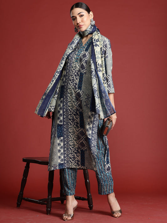 Indo Era Blue Printed Straight Kurta Trousers With Dupatta Set