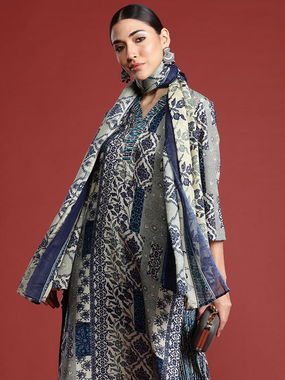 Indo Era Blue Printed Straight Kurta Trousers With Dupatta Set