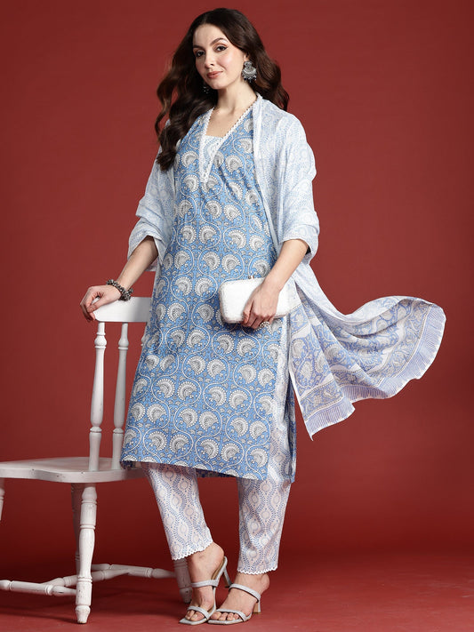 Indo Era Blue Printed Straight Kurta Trousers With Dupatta Set