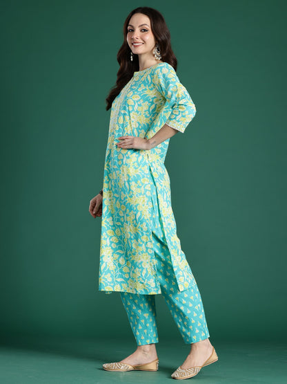 Indo Era Blue Printed Straight Kurta Trousers With Dupatta Set