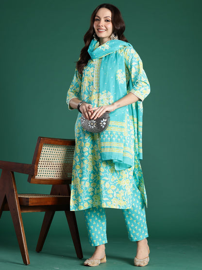 Indo Era Blue Printed Straight Kurta Trousers With Dupatta Set