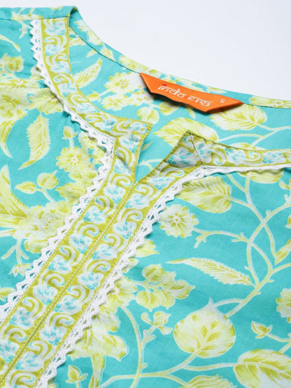 Indo Era Blue Printed Straight Kurta Trousers With Dupatta Set
