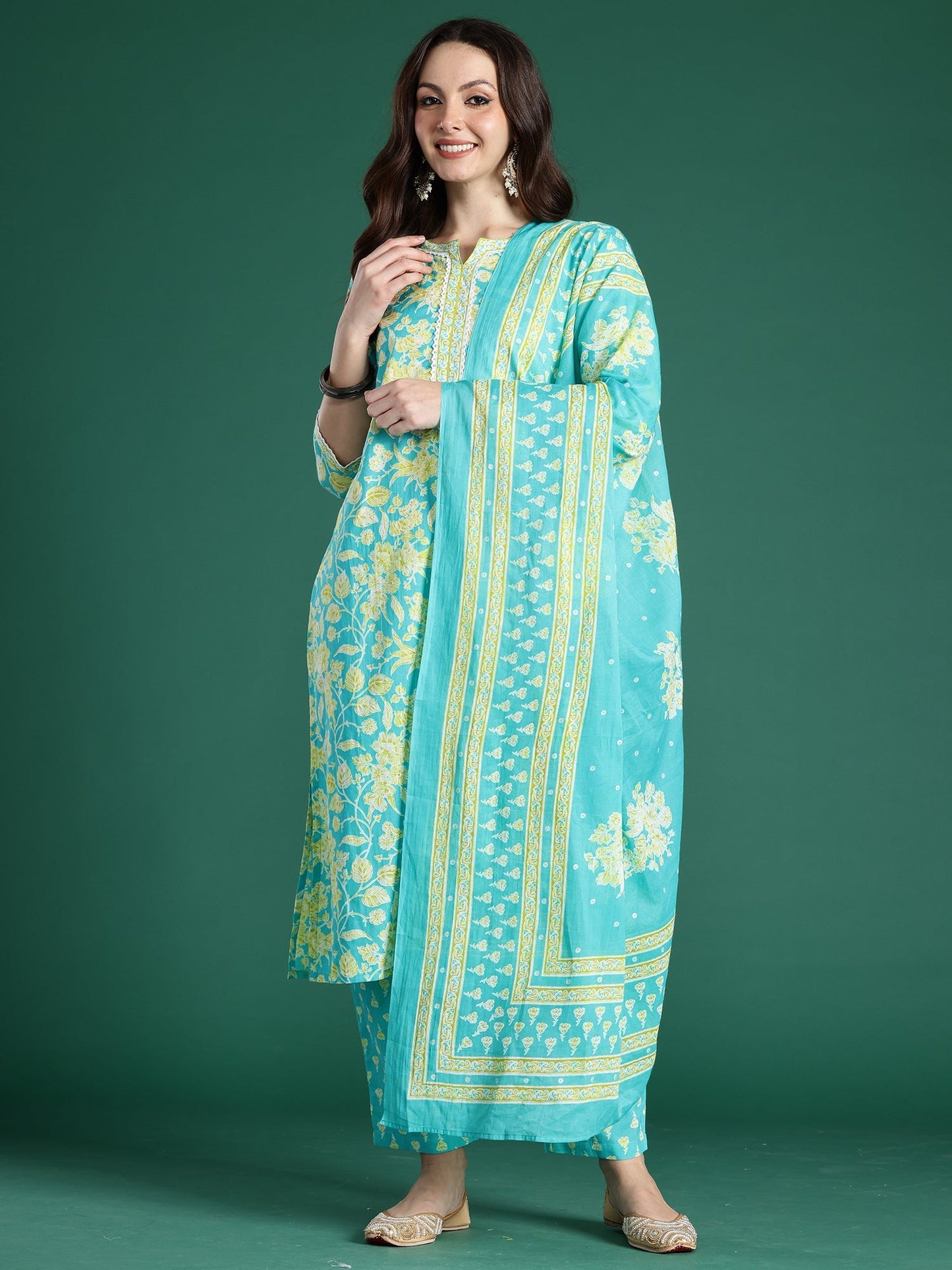 Indo Era Blue Printed Straight Kurta Trousers With Dupatta Set