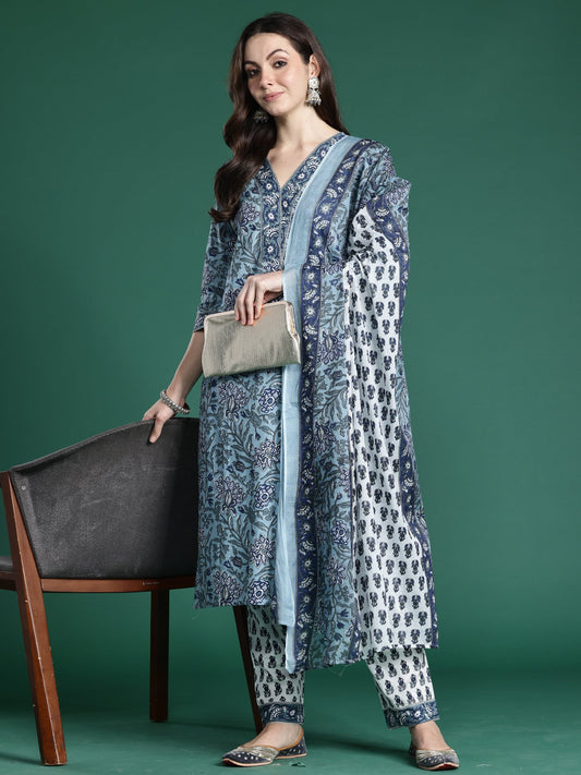 Blue Printed A-Line Kurta Trousers With Dupatta Set