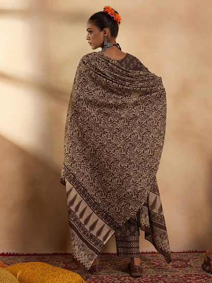 Indo Era Brown Printed Straight Kurta Palazzos With Dupatta set