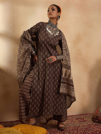 Indo Era Brown Printed Straight Kurta Palazzos With Dupatta set