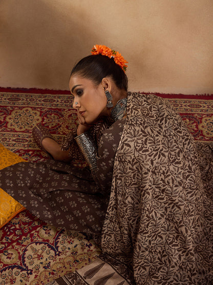Indo Era Brown Printed Straight Kurta Palazzos With Dupatta set