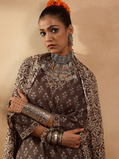 Indo Era Brown Printed Straight Kurta Palazzos With Dupatta set